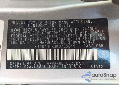 2019 Toyota Camry Se z USA, uszkodzony, nr VIN 4T1B11HK3KU755619